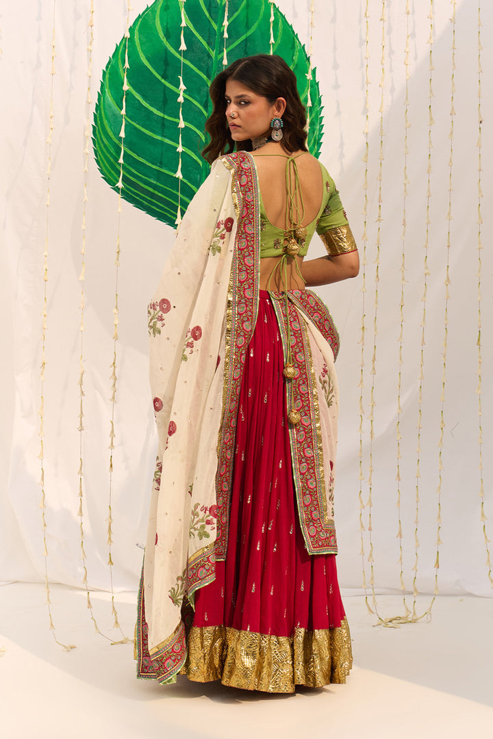 Jameela Red Lehenga with Green Long Choli Blouse and Mughal Block Printed Dupatta (Set of 3)
