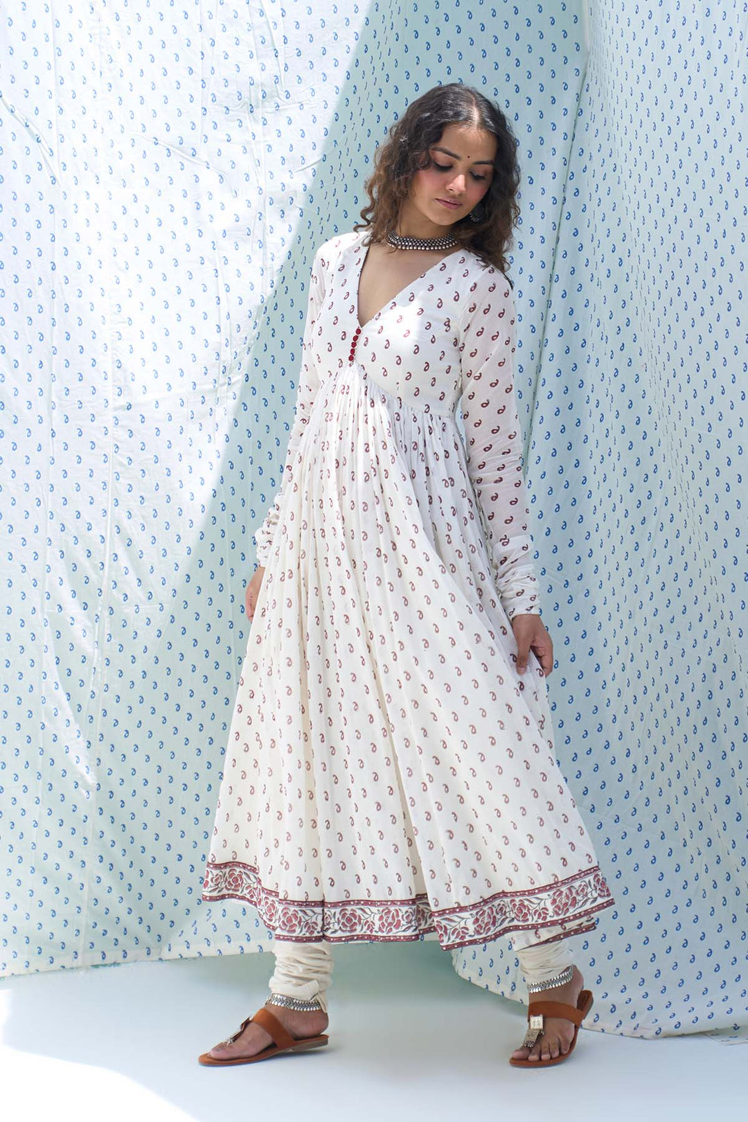 Mehraz red hand block printed v neck anarkali with chooridar and dupatta ( set of 3 )