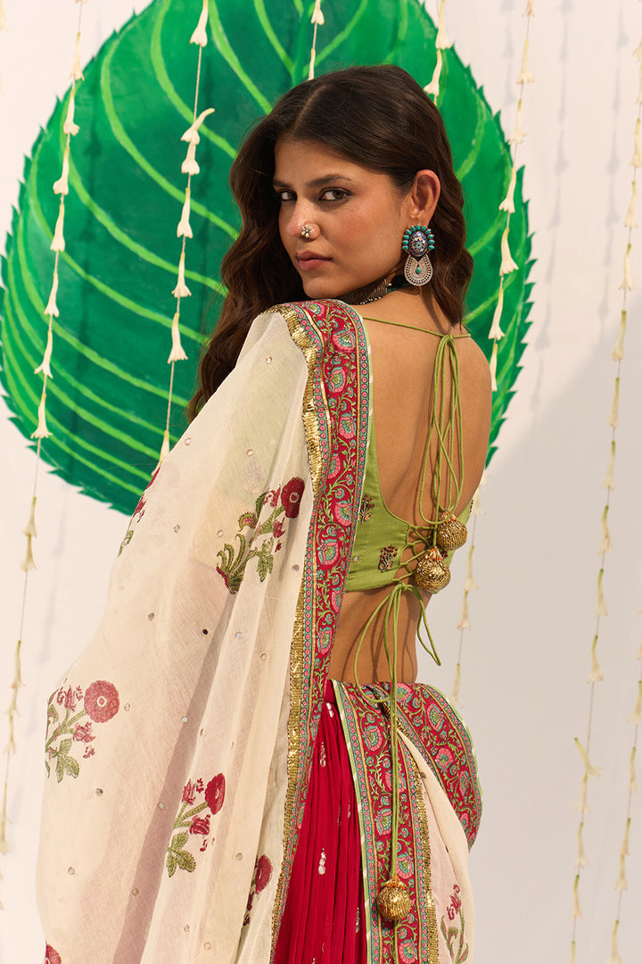 Jameela Red Lehenga with Green Long Choli Blouse and Mughal Block Printed Dupatta (Set of 3)