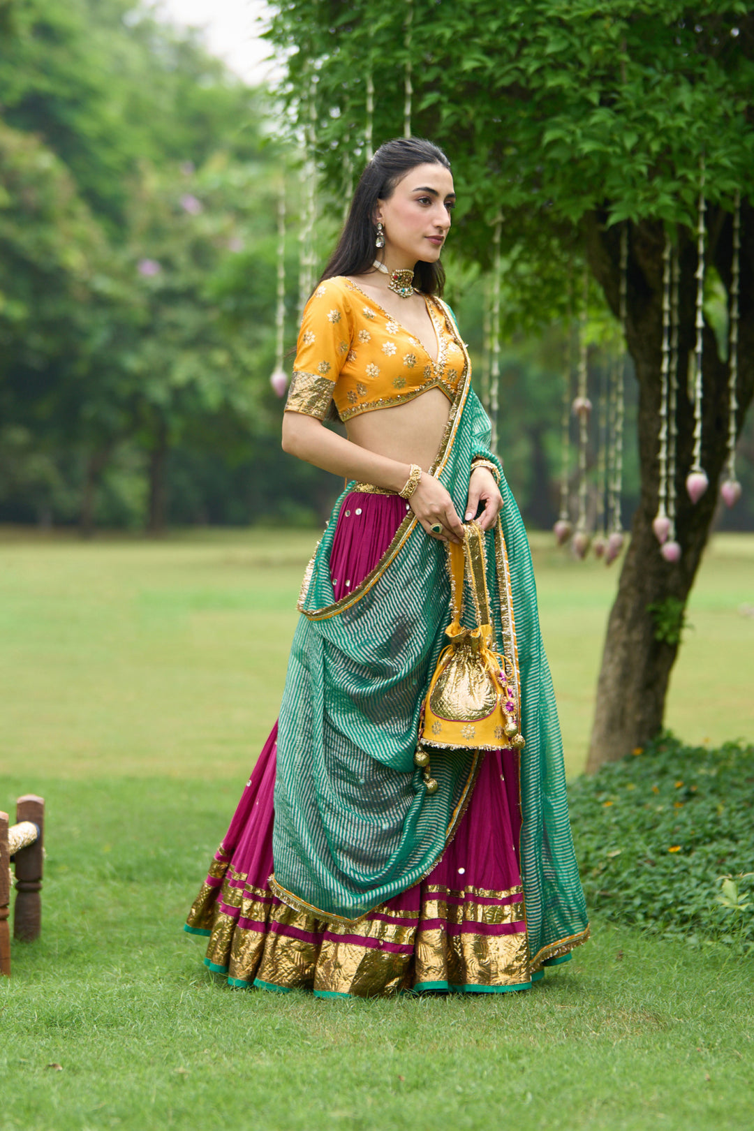 Phillauri Vol 3 mustard blouse with pink lehenga and green dupatta ( set of 3 )