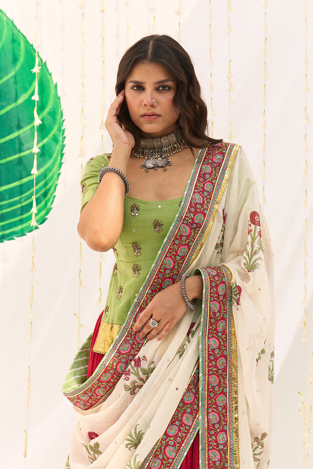 Jameela Red Lehenga with Green Long Choli Blouse and Mughal Block Printed Dupatta (Set of 3)