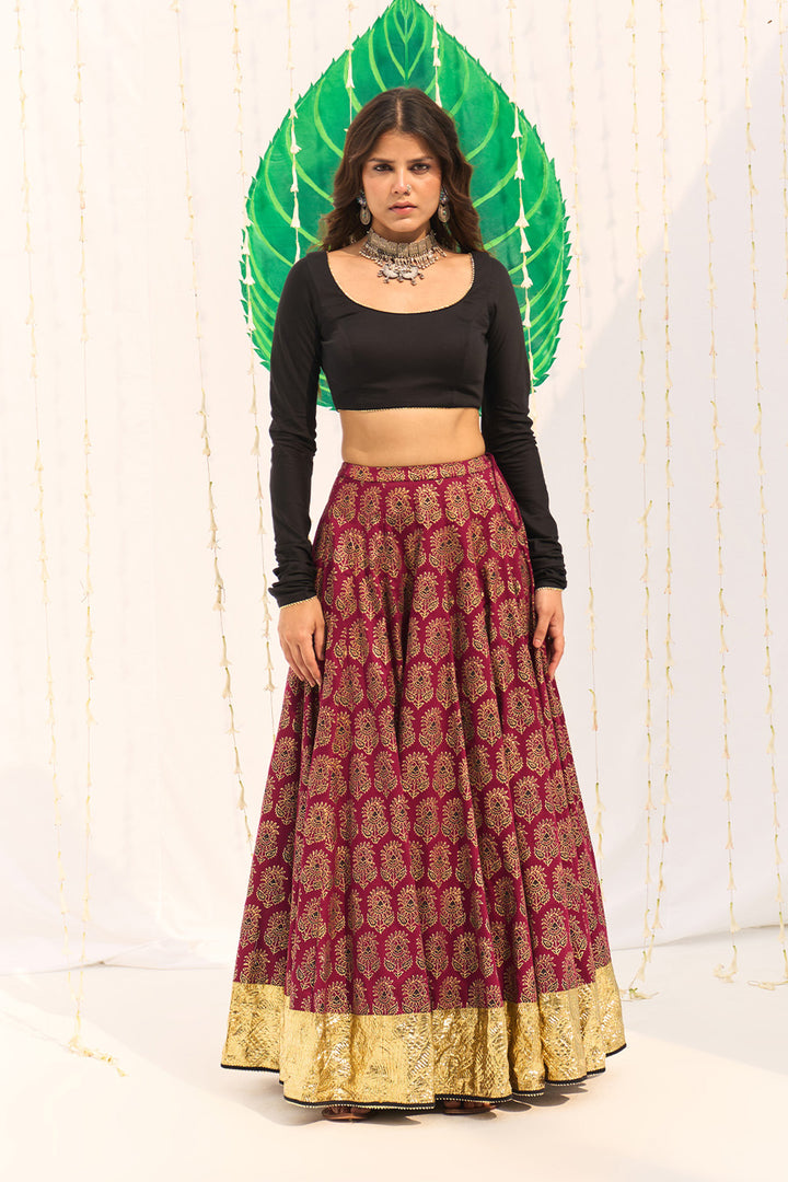 Jameela Block printed pink lehenga with solid black blouse and dupatta (set of 3)