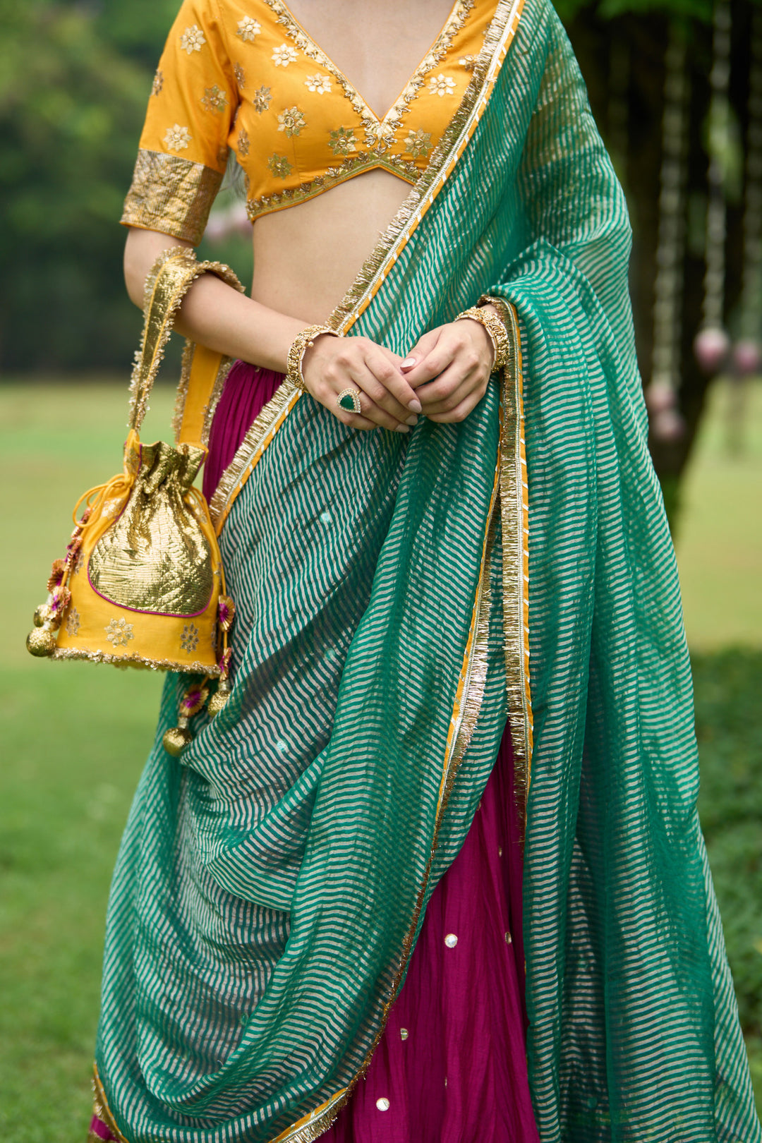 Phillauri Vol 3 mustard blouse with pink lehenga and green dupatta ( set of 3 )