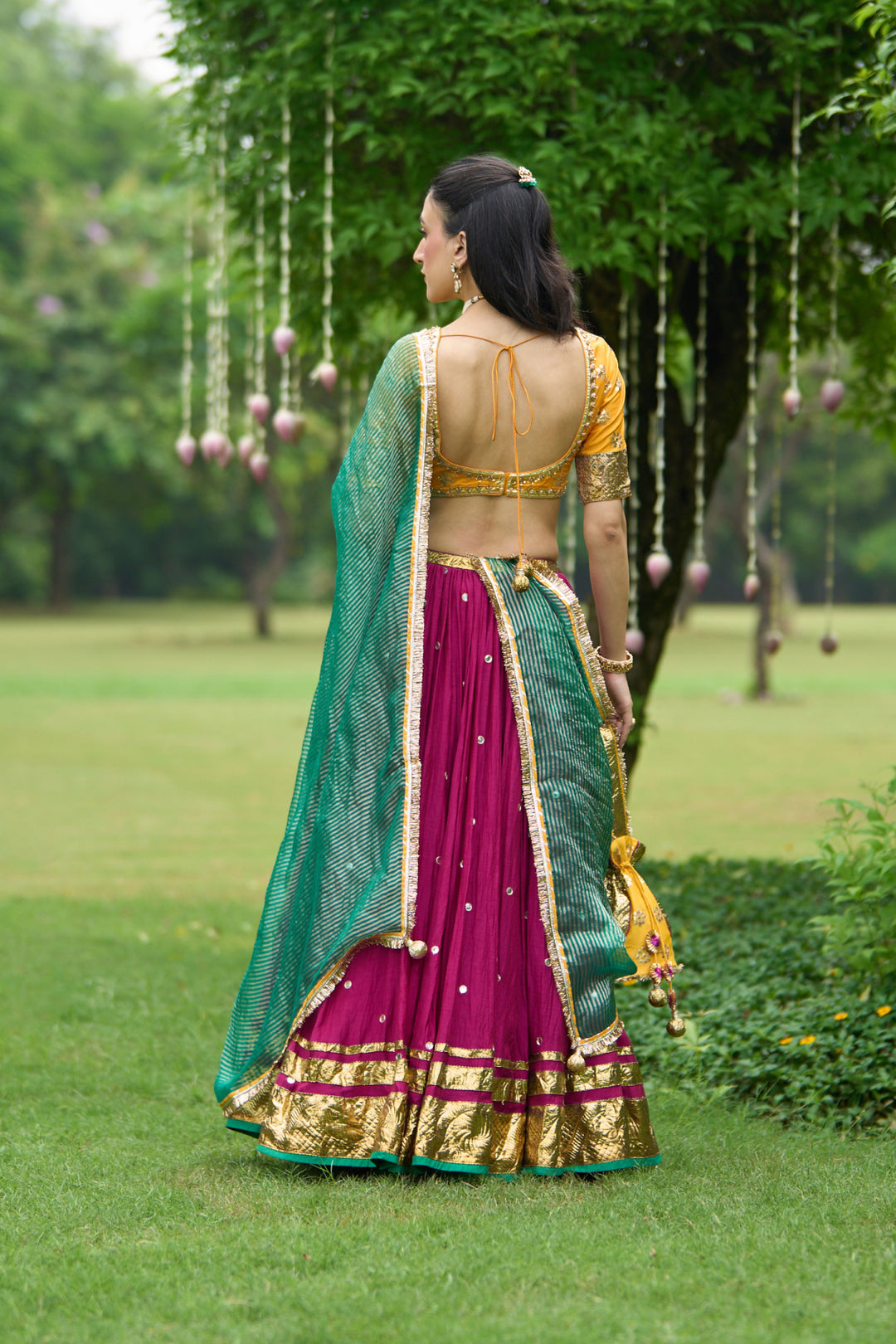 Phillauri Vol 3 mustard blouse with pink lehenga and green dupatta ( set of 3 )