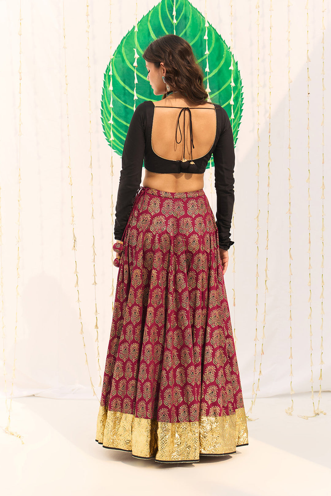 Jameela Block printed pink lehenga with solid black blouse and dupatta (set of 3)