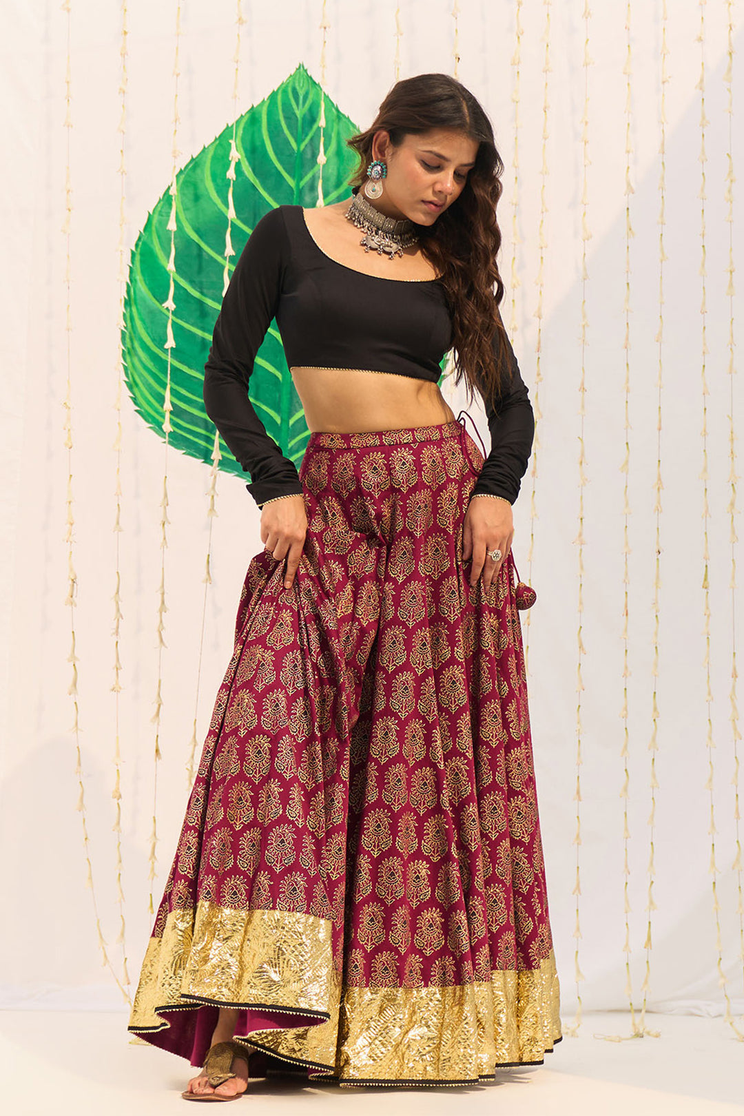 Jameela Block printed pink lehenga with solid black blouse and dupatta (set of 3)