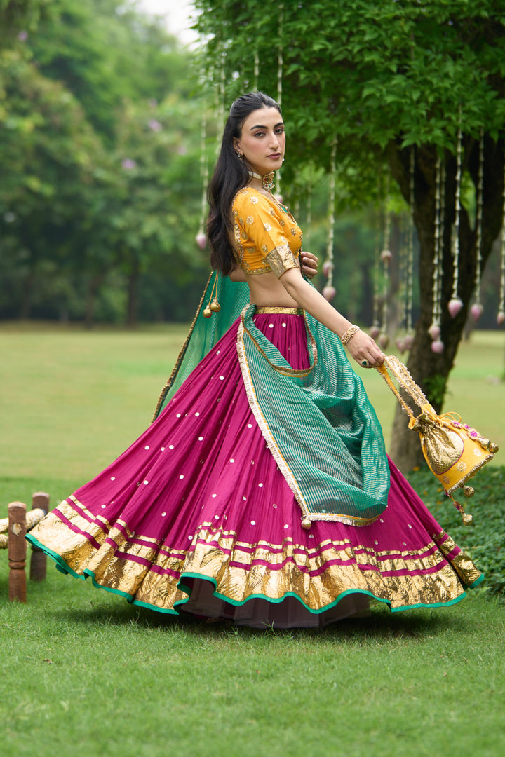 Phillauri Vol 3 mustard blouse with pink lehenga and green dupatta ( set of 3 )