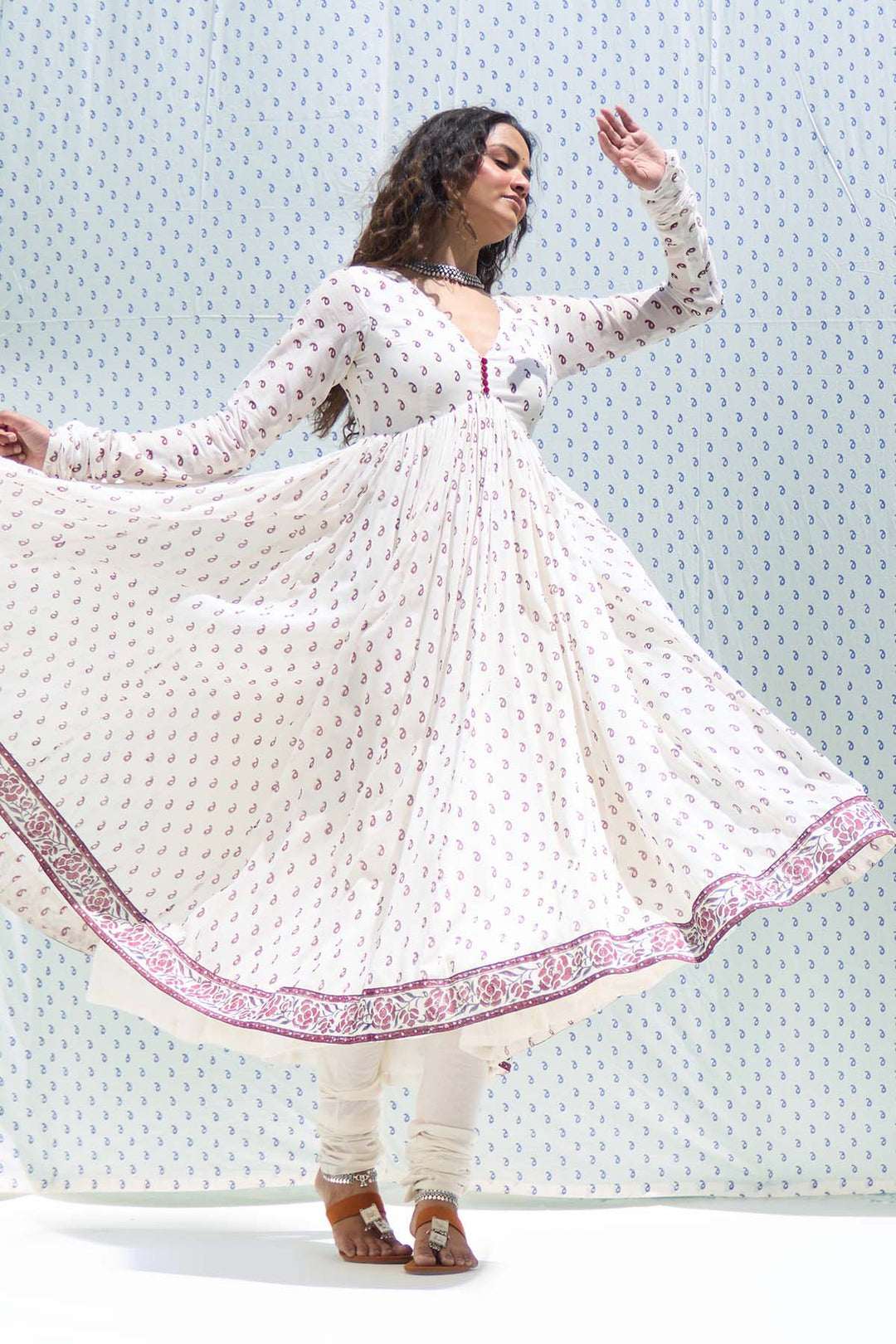 Mehraz red hand block printed v neck anarkali with chooridar and dupatta ( set of 3 )