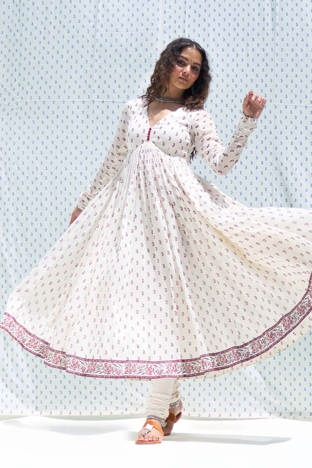 Mehraz red hand block printed v neck anarkali with chooridar and dupatta ( set of 3 )