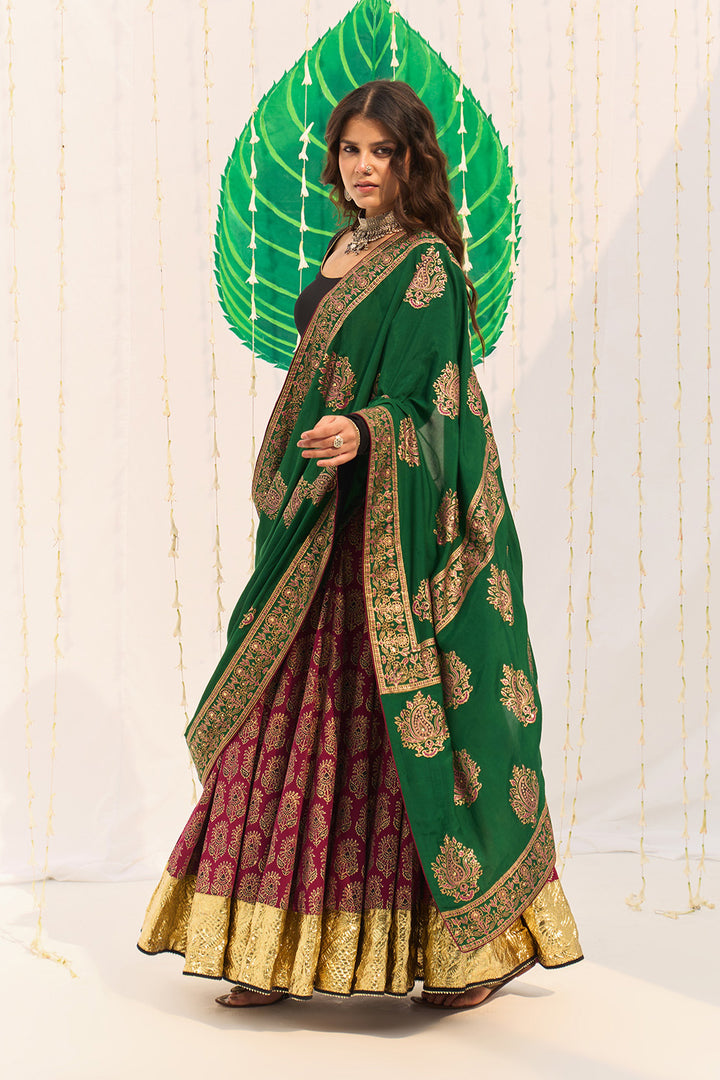 Jameela Block printed pink lehenga with solid black blouse and dupatta (set of 3)