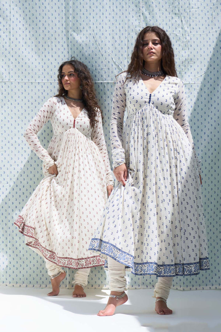 Mehraz red hand block printed v neck anarkali with chooridar and dupatta ( set of 3 )