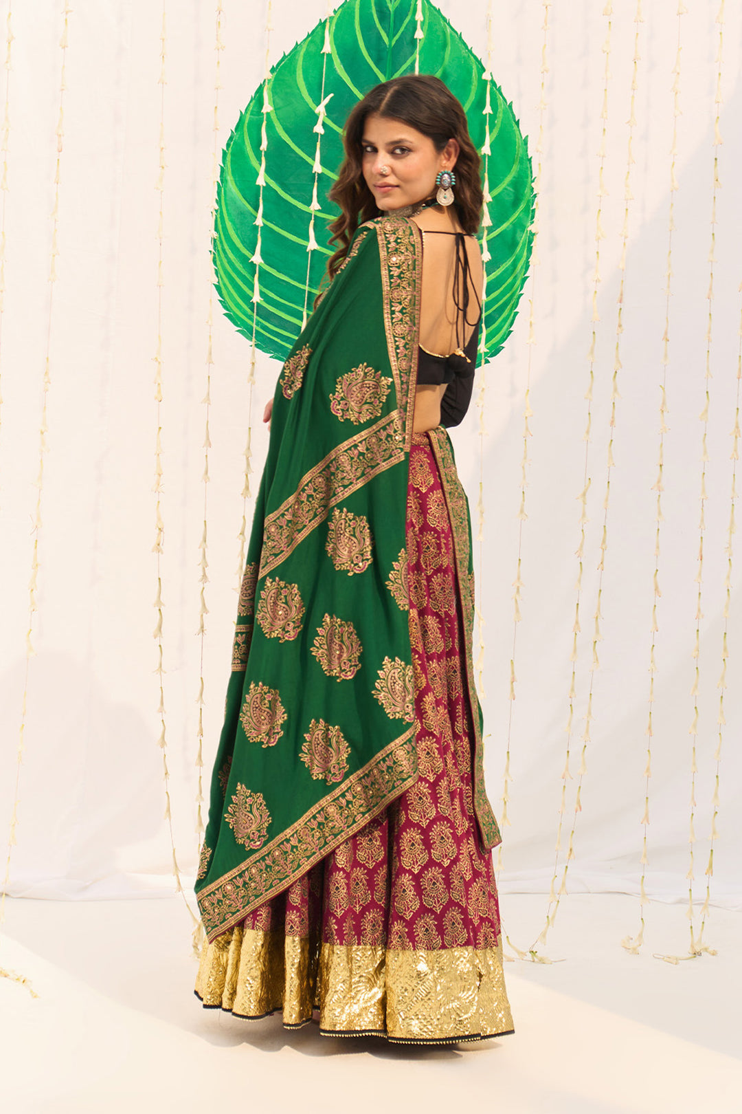 Jameela Block printed pink lehenga with solid black blouse and dupatta (set of 3)