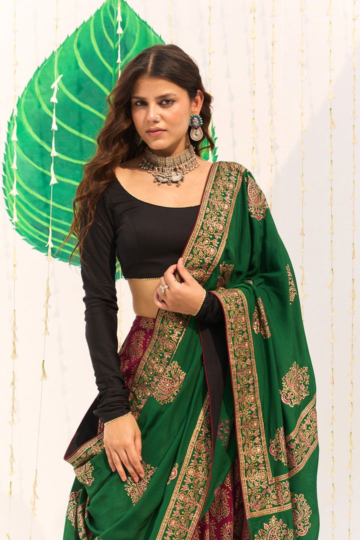 Jameela Block printed pink lehenga with solid black blouse and dupatta (set of 3)