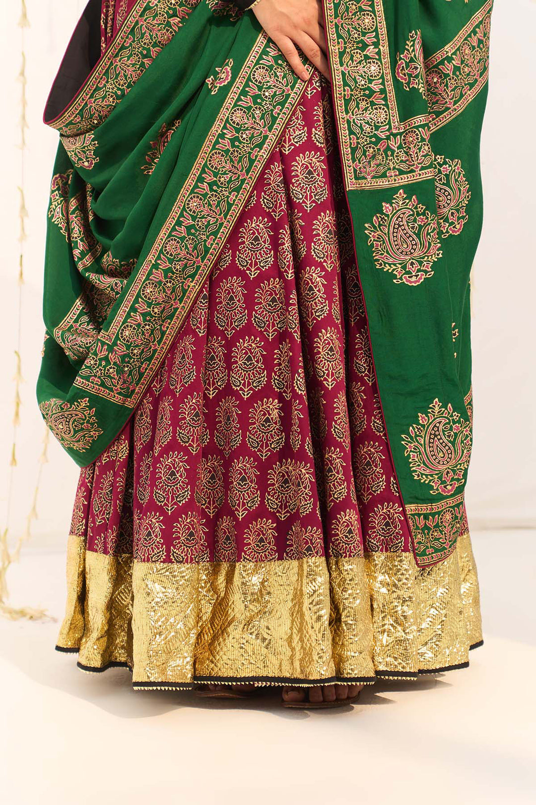 Jameela Block printed pink lehenga with solid black blouse and dupatta (set of 3)