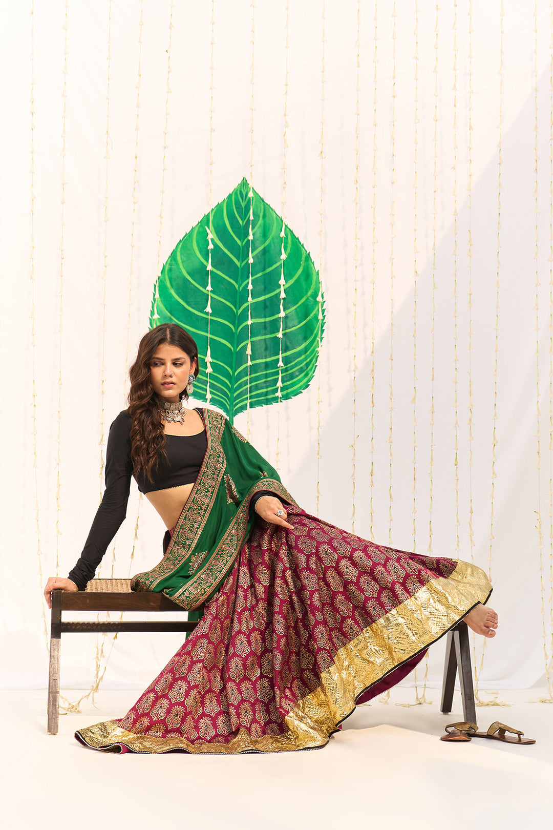 Jameela Block printed pink lehenga with solid black blouse and dupatta (set of 3)