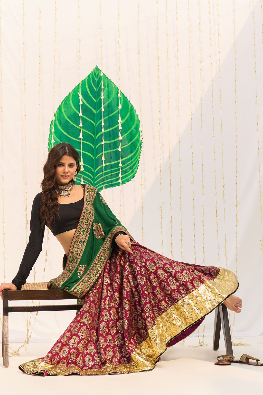 Jameela Block printed pink lehenga with solid black blouse and dupatta (set of 3)