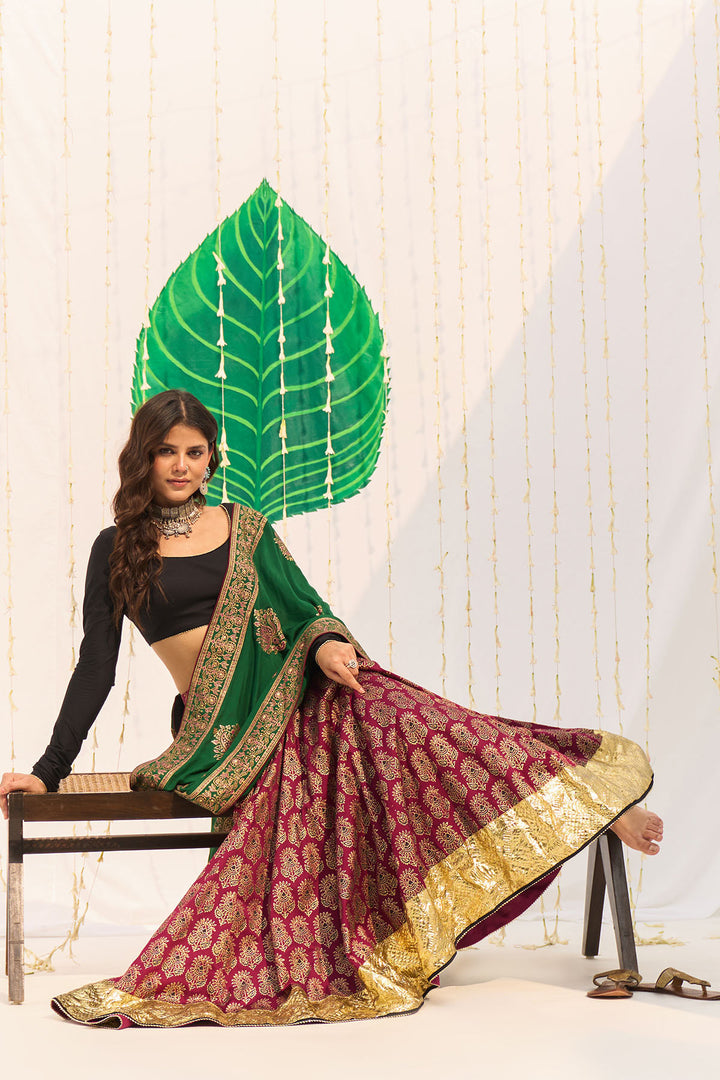 Jameela Block printed pink lehenga with solid black blouse and dupatta (set of 3)