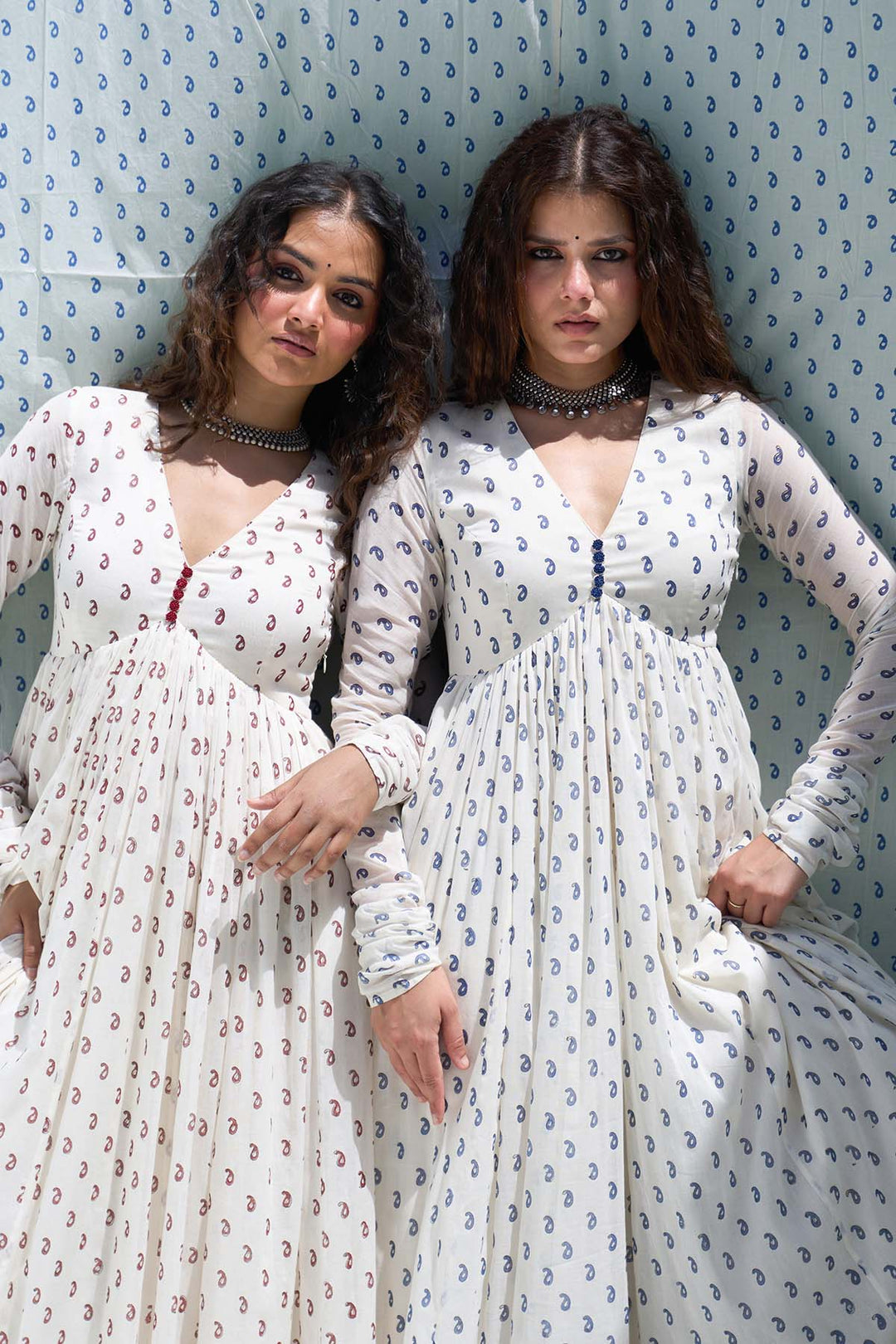 Mehraz red hand block printed v neck anarkali with chooridar and dupatta ( set of 3 )