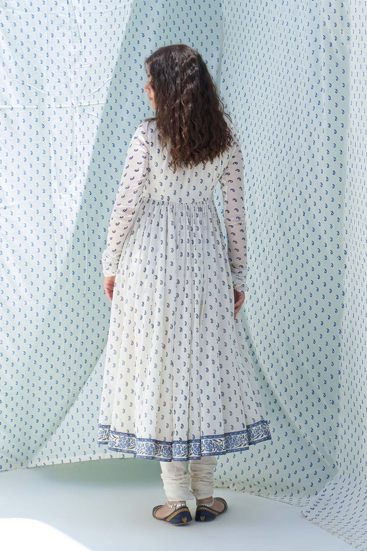 Mehraz blue hand block printed v neck anarkali with chooridar and dupatta ( set of 3 )