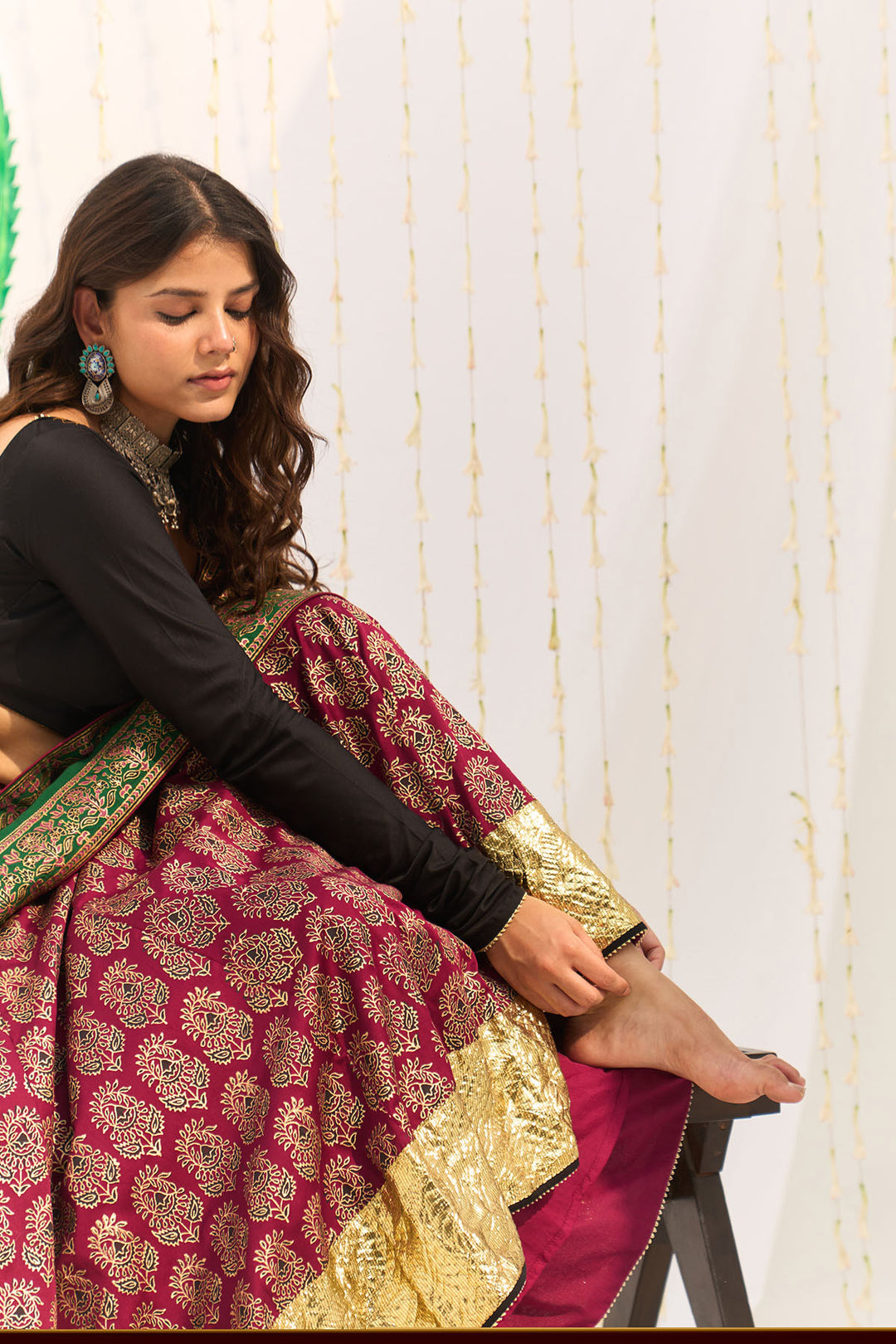 Jameela Block printed pink lehenga with solid black blouse and dupatta (set of 3)