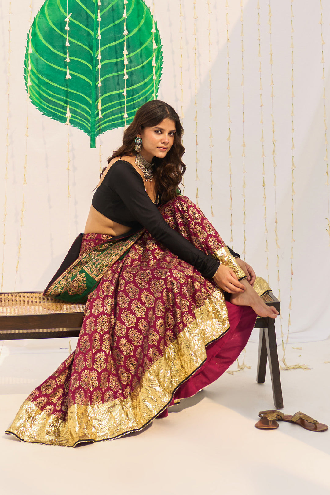 Jameela Block printed pink lehenga with solid black blouse and dupatta (set of 3)