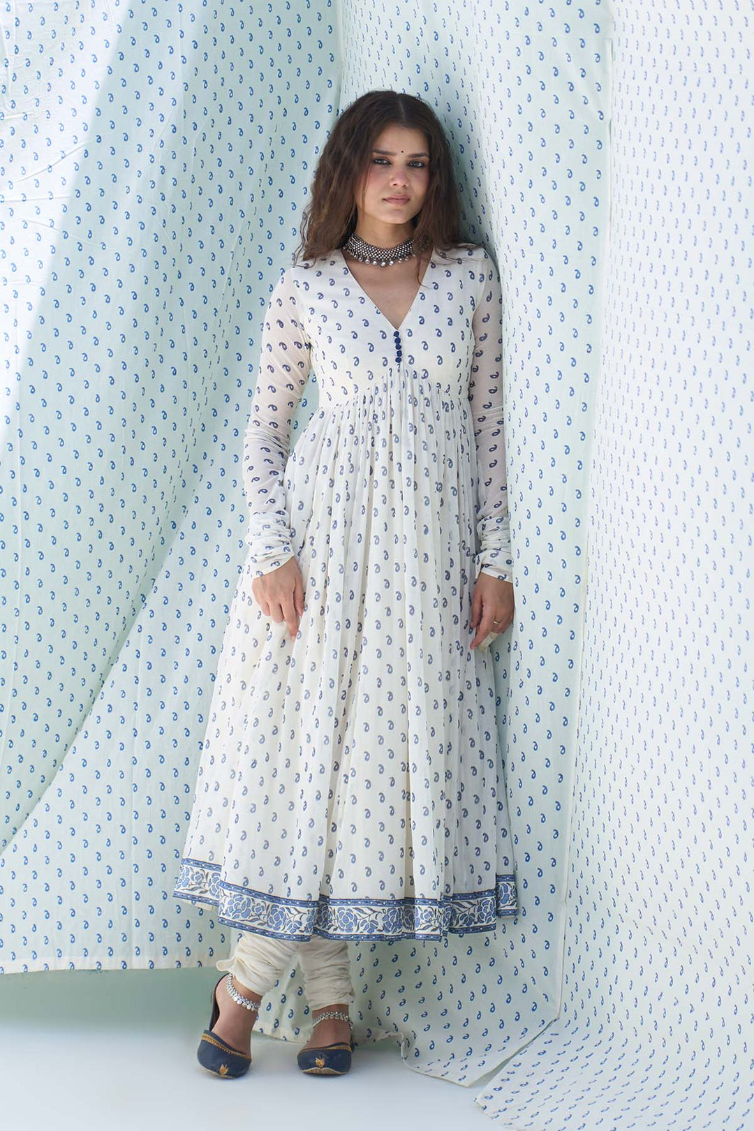 Mehraz blue hand block printed v neck anarkali with chooridar and dupatta ( set of 3 )