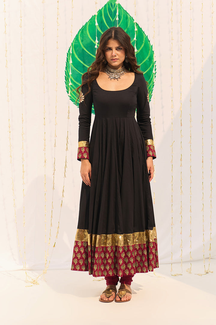 Jameela Black Block Printed Anarkali with Chooridar and Dupatta (set of 3)