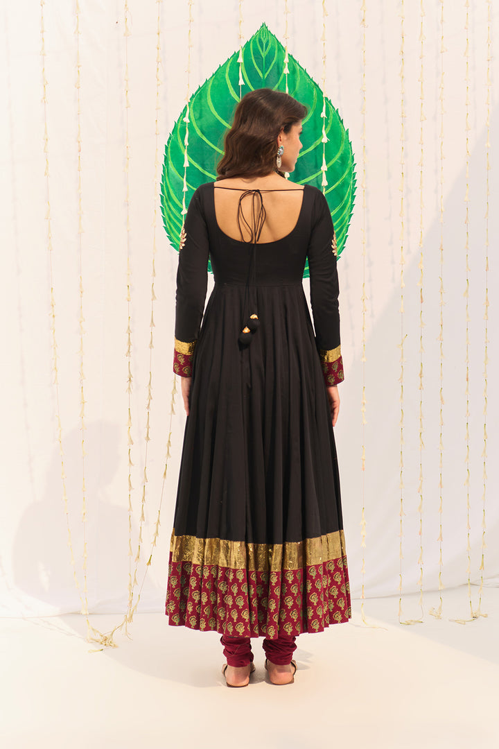 Jameela Black Block Printed Anarkali with Chooridar and Dupatta (set of 3)