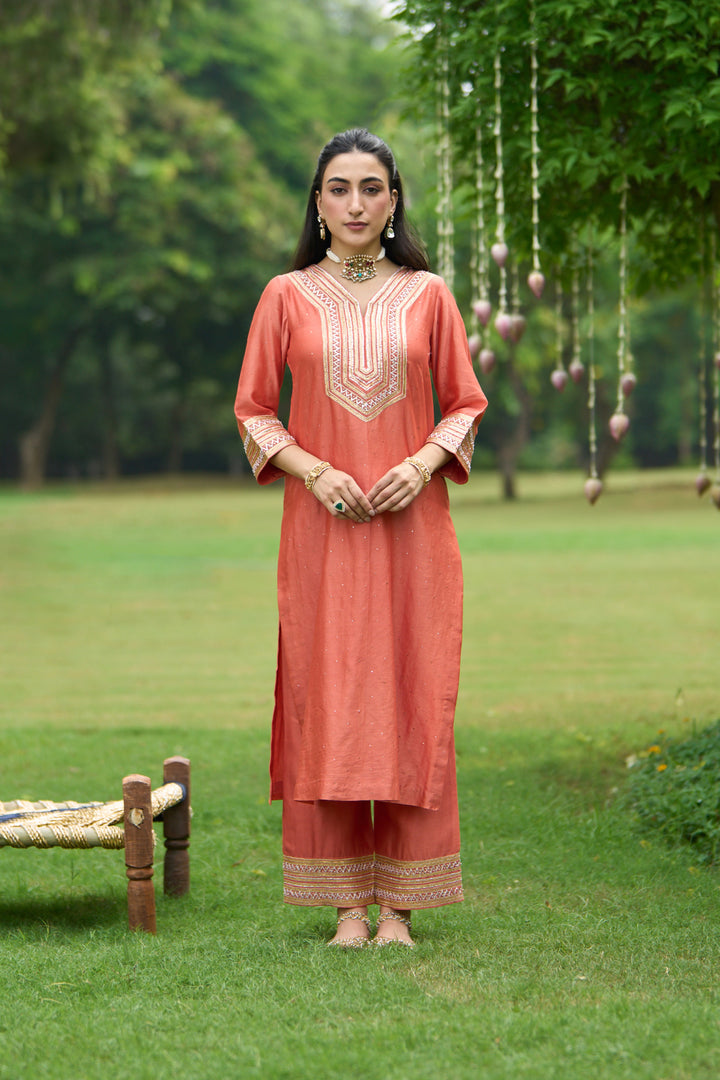 Phillauri Vol 3 rust straight kurta with palazzo and pink dupatta ( set of 3 )