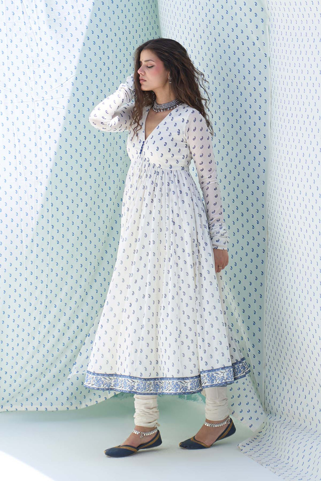 Mehraz blue hand block printed v neck anarkali with chooridar and dupatta ( set of 3 )