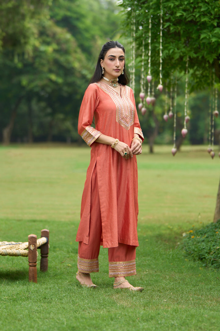 Phillauri Vol 3 rust straight kurta with palazzo and pink dupatta ( set of 3 )