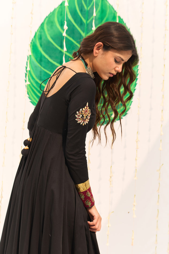 Jameela Black Block Printed Anarkali with Chooridar and Dupatta (set of 3)
