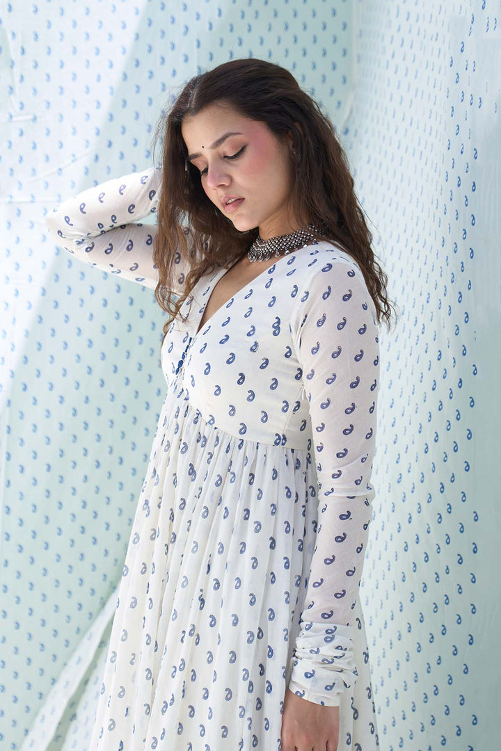 Mehraz blue hand block printed v neck anarkali with chooridar and dupatta ( set of 3 )