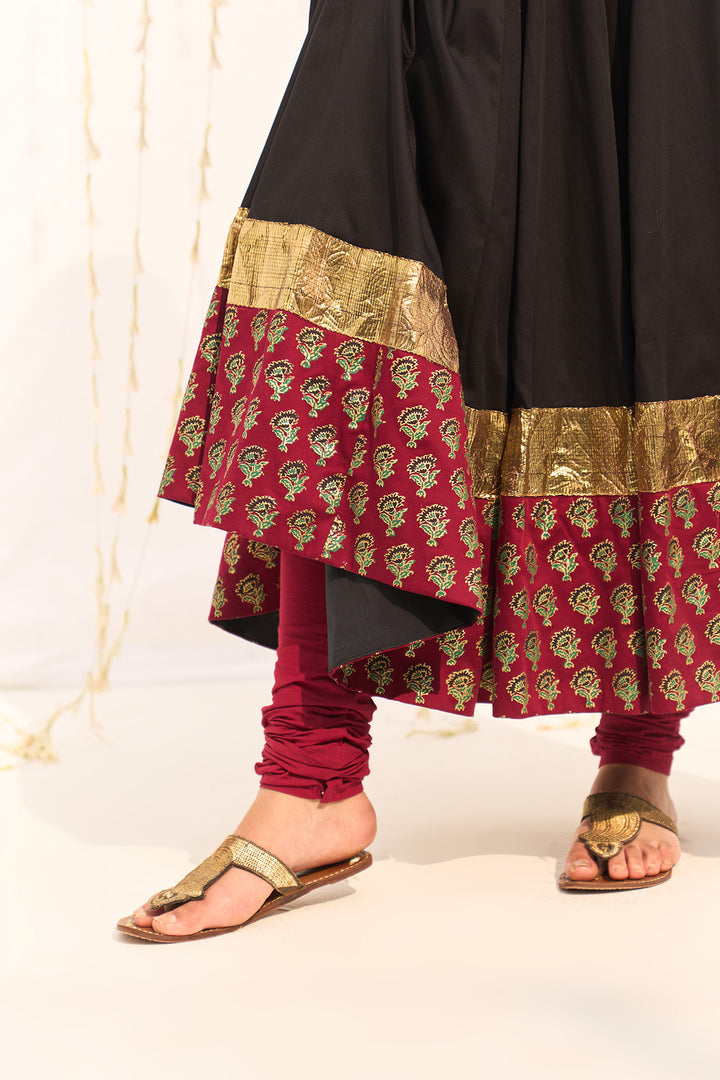 Jameela Black Block Printed Anarkali with Chooridar and Dupatta (set of 3)