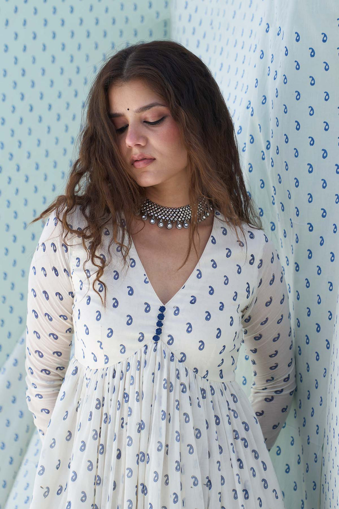 Mehraz blue hand block printed v neck anarkali with chooridar and dupatta ( set of 3 )