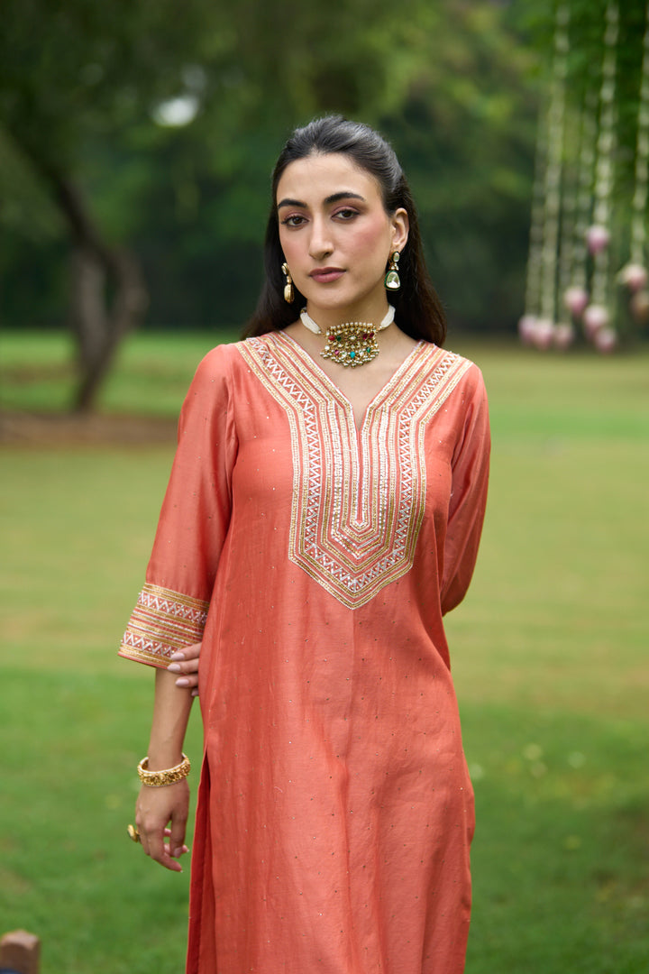 Phillauri Vol 3 rust straight kurta with palazzo and rust dupatta( set of 3)