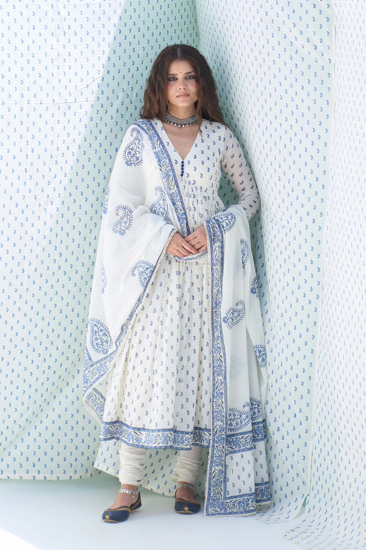 Mehraz blue hand block printed v neck anarkali with chooridar and dupatta ( set of 3 )