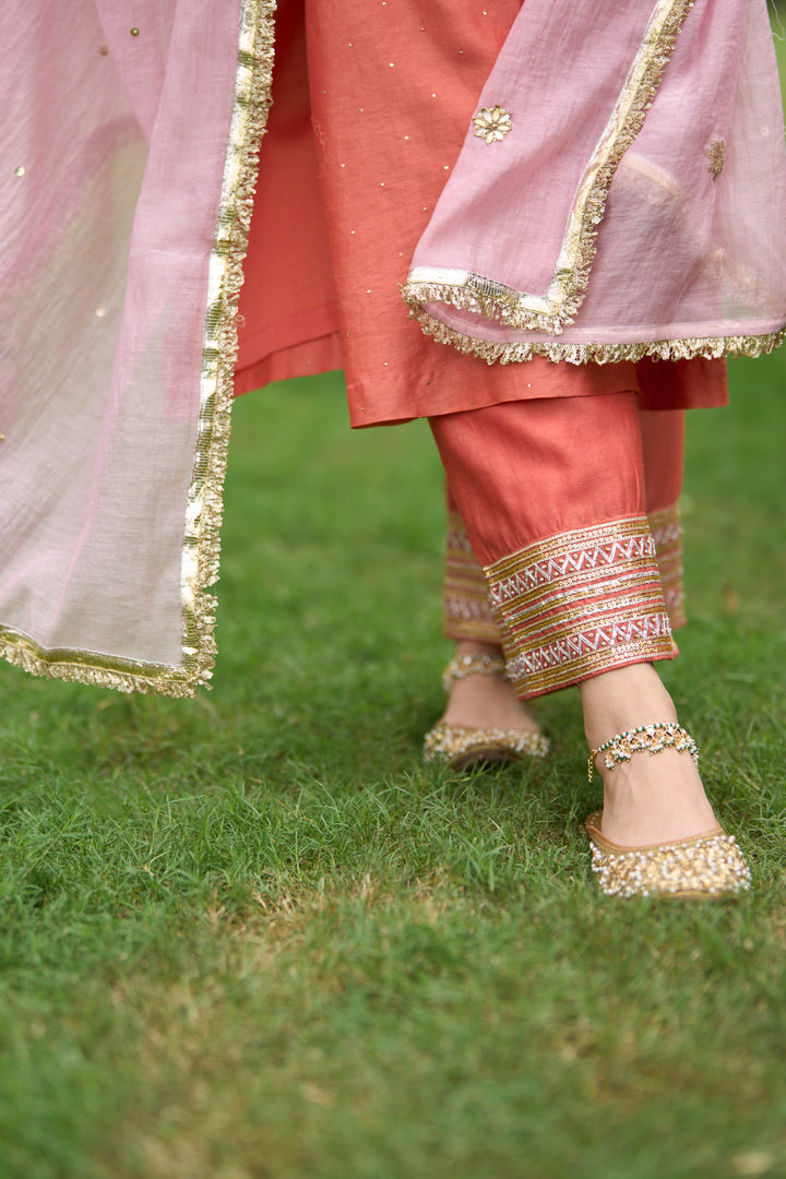 Phillauri Vol 3 rust straight kurta with palazzo and pink dupatta ( set of 3 )
