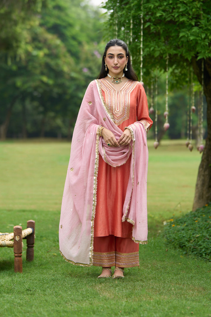 Phillauri Vol 3 rust straight kurta with palazzo and pink dupatta ( set of 3 )