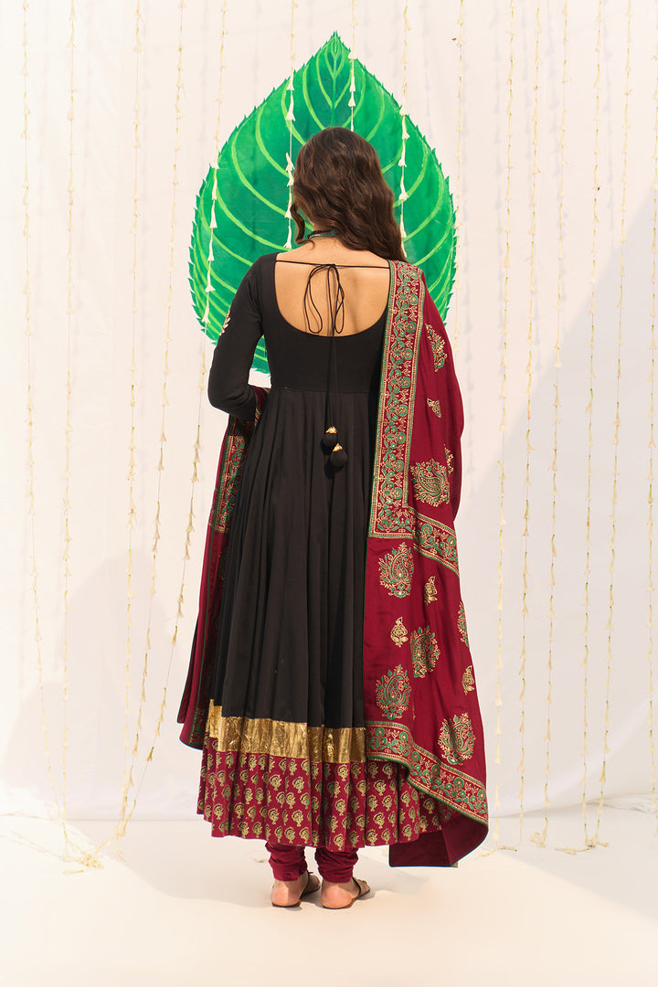 Jameela Black Block Printed Anarkali with Chooridar and Dupatta (set of 3)