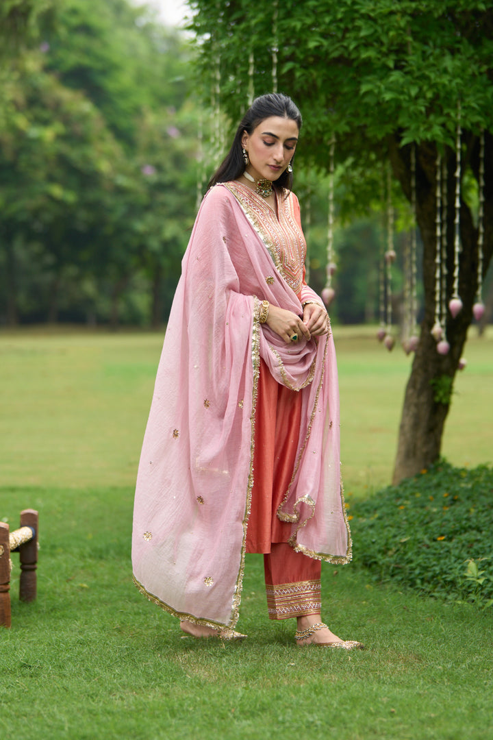 Phillauri Vol 3 rust straight kurta with palazzo and pink dupatta ( set of 3 )