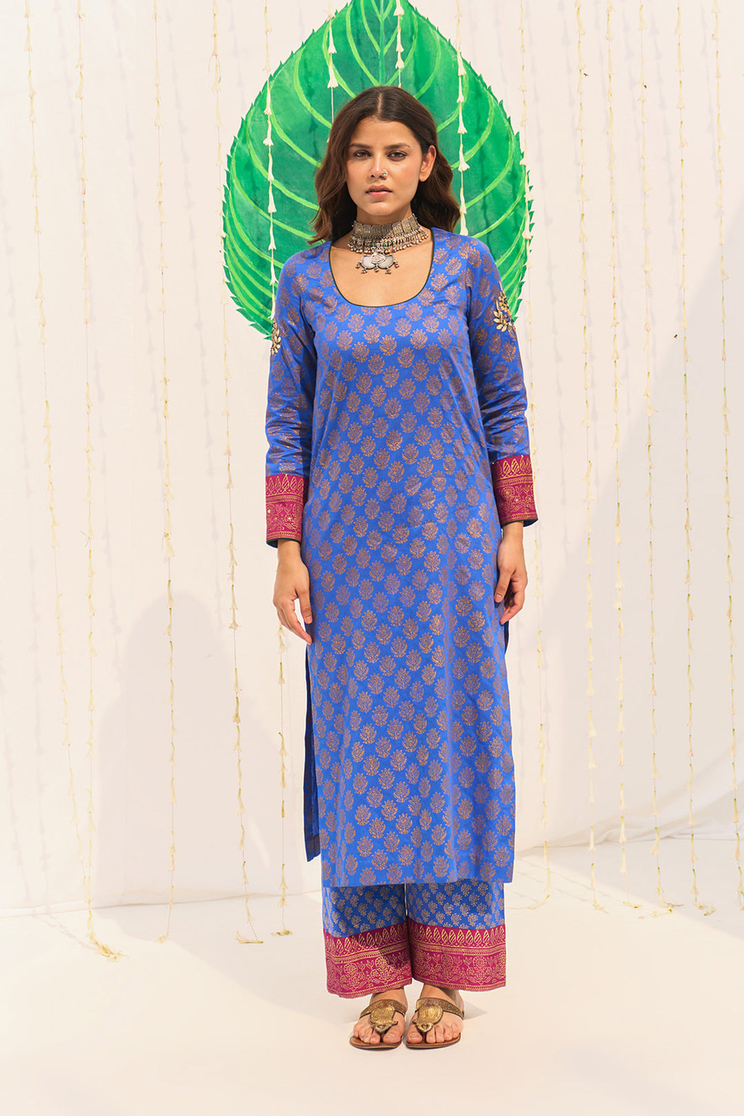 Jameela Blue Block Printed Straight Kurta with Palazzo and Dupatta (Set of 3)