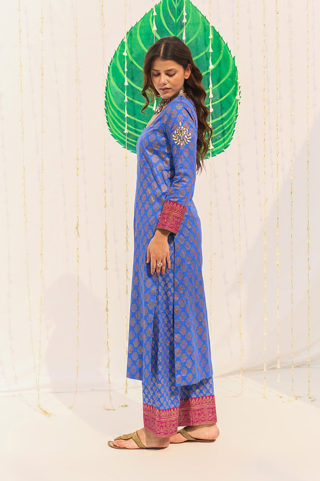 Jameela Blue Block Printed Straight Kurta with Palazzo and Dupatta (Set of 3)