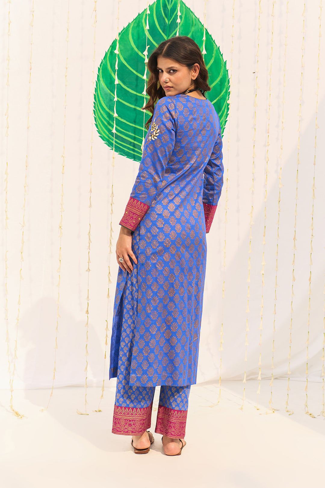 Jameela Blue Block Printed Straight Kurta with Palazzo and Dupatta (Set of 3)
