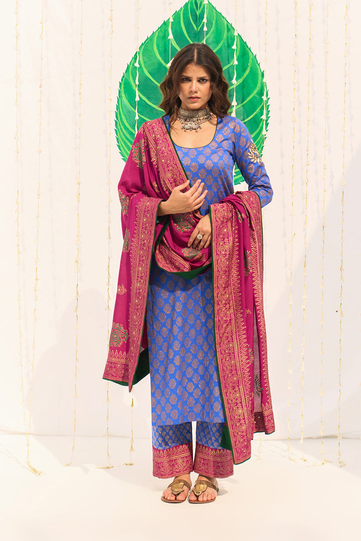 Jameela Blue Block Printed Straight Kurta with Palazzo and Dupatta (Set of 3)