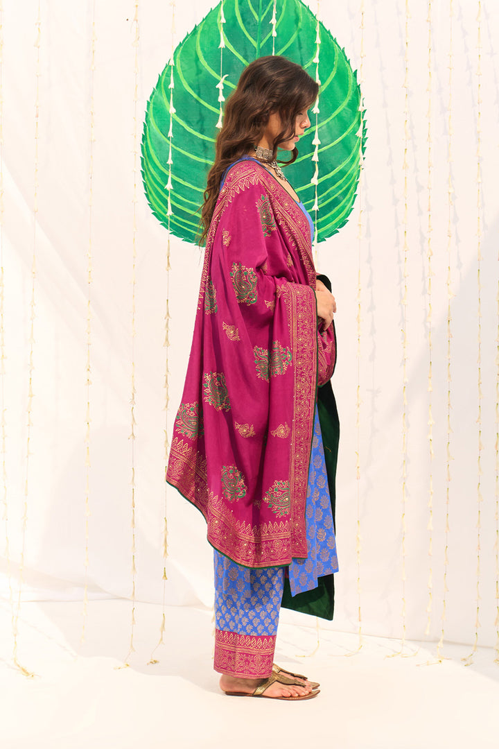 Jameela Blue Block Printed Straight Kurta with Palazzo and Dupatta (Set of 3)