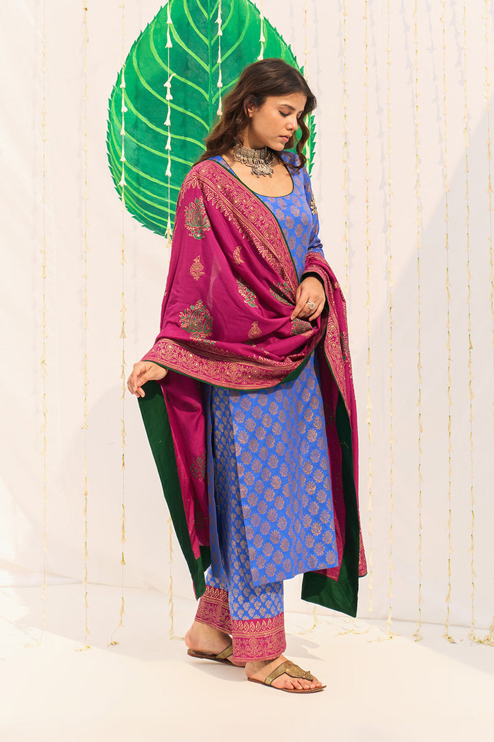 Jameela Blue Block Printed Straight Kurta with Palazzo and Dupatta (Set of 3)