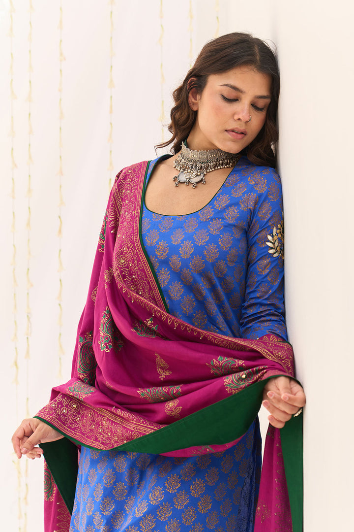 Jameela Blue Block Printed Straight Kurta with Palazzo and Dupatta (Set of 3)