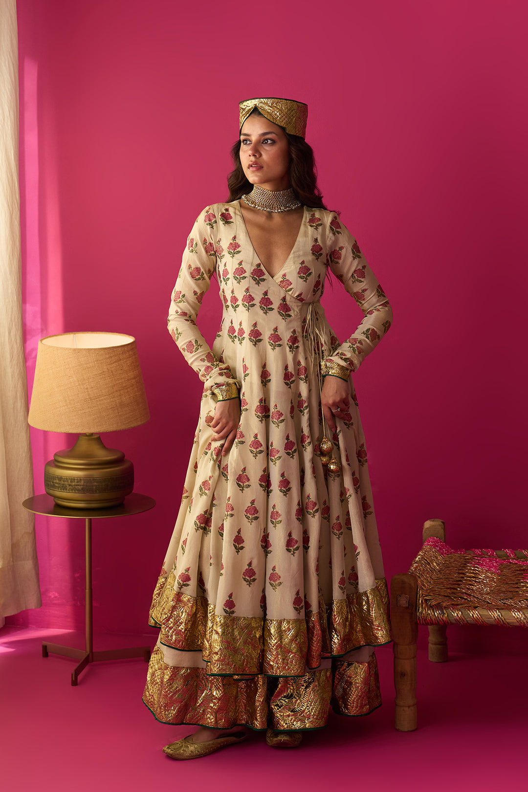 Nur Ivory block printed angrakha with sharara and dupatta (set of 3)