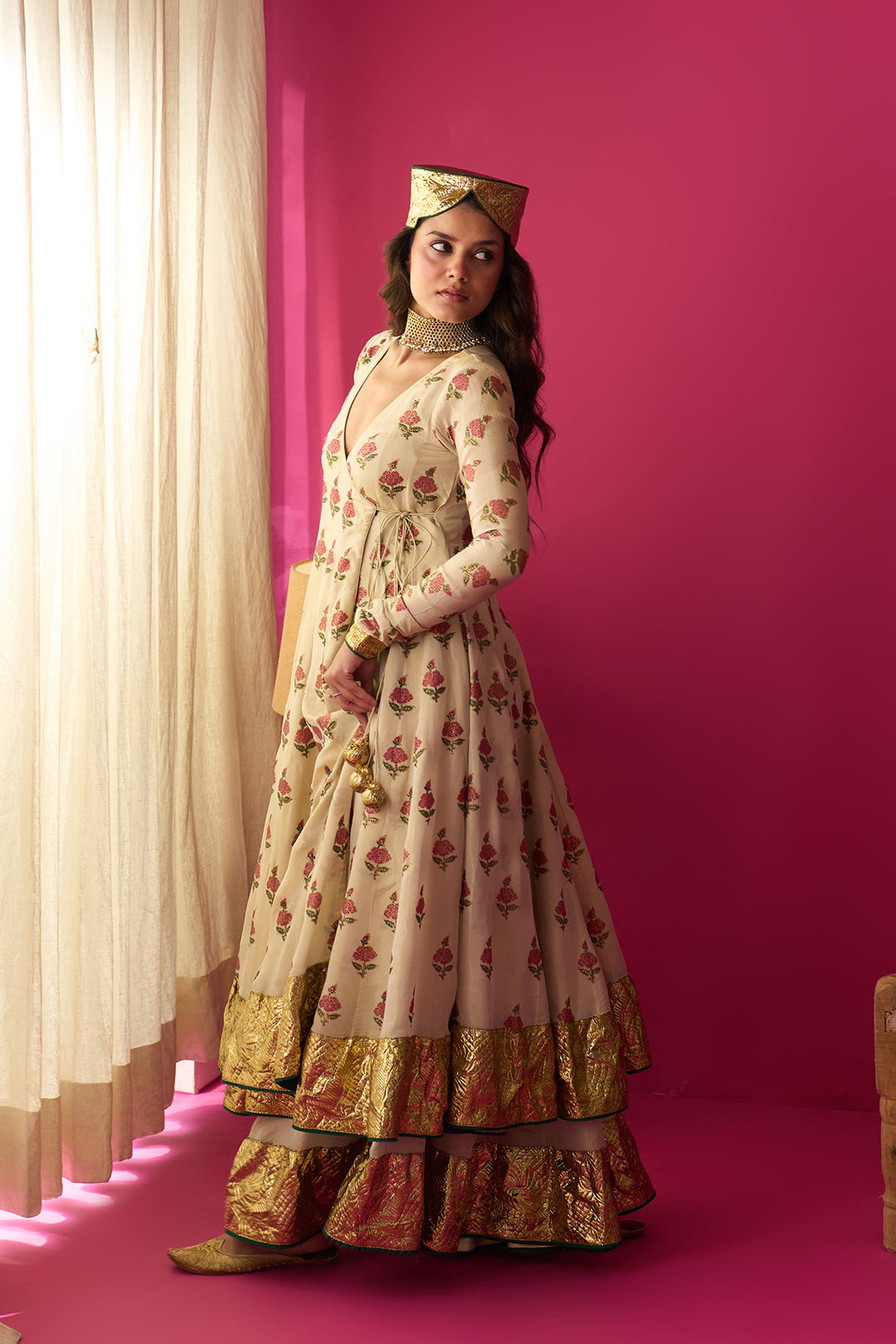 Nur Ivory block printed angrakha with sharara and dupatta (set of 3)